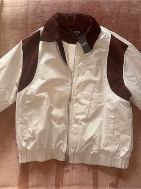 Boohoo Creamy Sand  Bomber Jacket with Brown Corduroy Accents